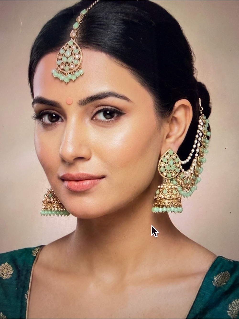 Gold and Mint Green Jhumka Earrings with Maang Tikka - Women Jewelry